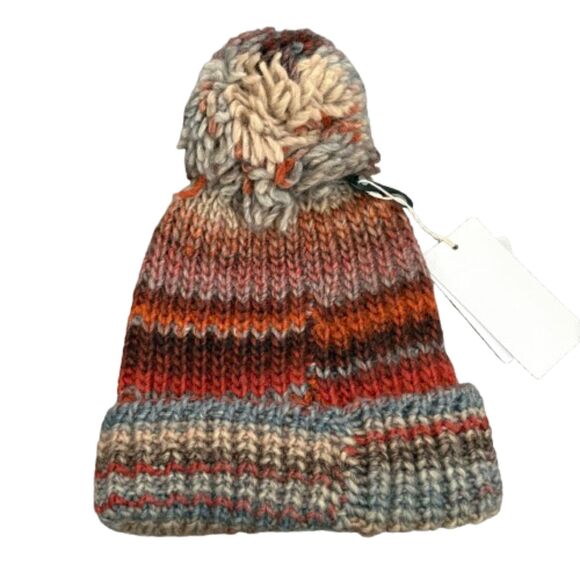 NWT Dillard's PomPom Beanie Wool Blend Stripe Knit Made in Italy Fall Earthy - Picture 2 of 3